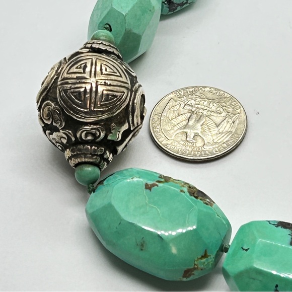 Vintage Kim Yubeta Statement Faceted Flat Turquoise & Sterling 20” Necklace - Picture 9 of 10